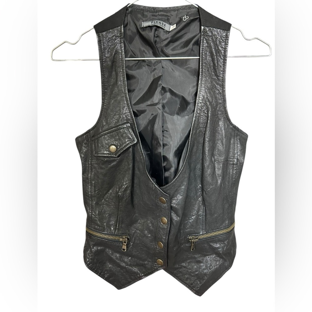 PLEASE Womens Pelle Leather Black Motorcycle Vest Medium